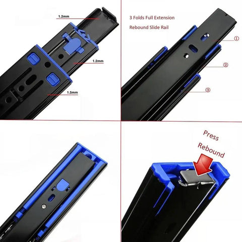 Close-up of Push To Open Drawer Slides With Ball Bearing, Full Extension Threefold, Side Mount Rebound Rails, Black Metal Track, 300mm.
