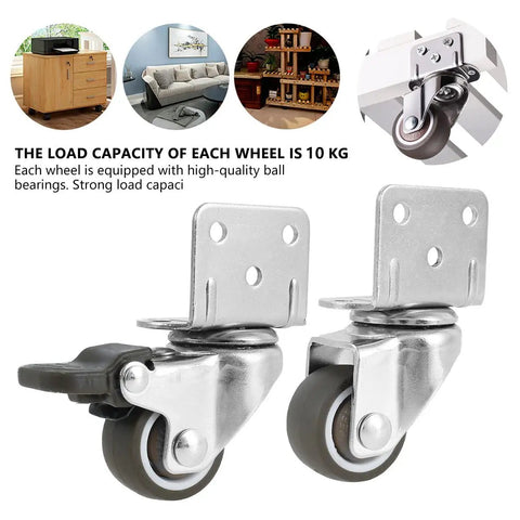 Heavy Duty Furniture Castors Set Four Pack With L Shaped Soft Rubber Wheels for tables, carts, benches; close-up of swivel plate
