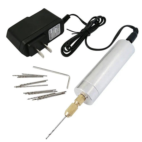 Mini Handheld Micro Drill Kit with aluminum body, 0.7-1.2mm bits, 15-piece set, and 2A power supply for DIY and crafts