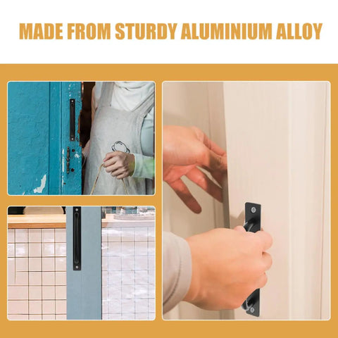 Black Aluminum Barn Door Handles Set Of 4 Surface Mounted Sliding Cabinet Door Pulls shown on doors in various settings.