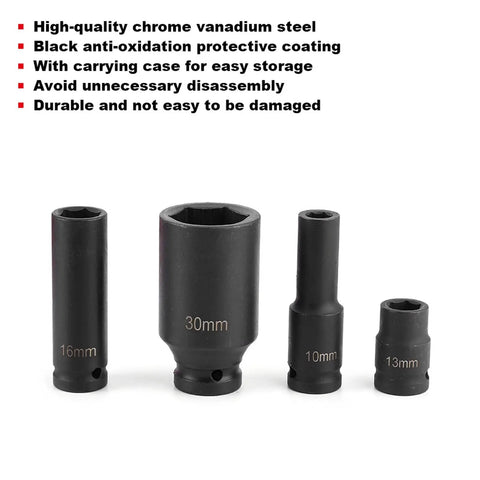 Top Notch 35 Piece Metric Hex Socket Impact Kit With Long And Short Drive Sleeves For Hardcore Automotive Jobs Built From Tough Chrome Vanadium Steel To Handle Heavy Duty Grips And Rust Free Durable Performance Every Single Time. 10mm 13mm 16mm 30mm impact sockets