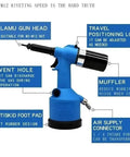 Air-Hydraulic Rivet Nut Gun With 19.1 Kilonewtons Working Tension showing features like vent hole and muffler
