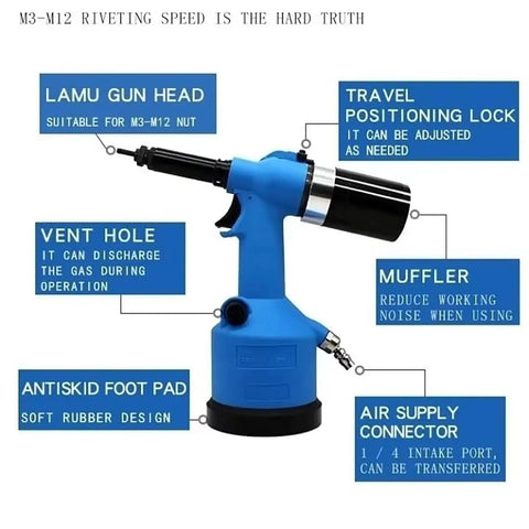 Air-Hydraulic Rivet Nut Gun With 19.1 Kilonewtons Working Tension showing features like vent hole and muffler