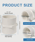 Pack of 2 White 1-1/2 Inch PVC Female Thread Adapters 2-Way Pipe Coupling Connectors, product size dimensions