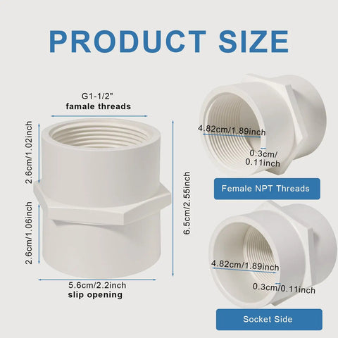 Pack of 2 White 1-1/2 Inch PVC Female Thread Adapters 2-Way Pipe Coupling Connectors, product size dimensions