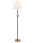 Bold Brass Gold And Blue Midcentury Ceramic Floor Lamp With Hand Painted Porcelain And White Linen Shade Coastal Classic Style LED Bulb Included