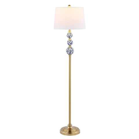 Bold Brass Gold And Blue Midcentury Ceramic Floor Lamp With Hand Painted Porcelain And White Linen Shade Coastal Classic Style LED Bulb Included