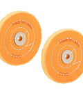 Tough As Nails 5 Inch Cotton Buffing Wheel Polishing Pad For Bench Grinder And Rotary Tools With Half Inch Arbor Hole Rock Solid Build For Wood And Metal Finishing 2 Pack close-up view of orange cotton pads.