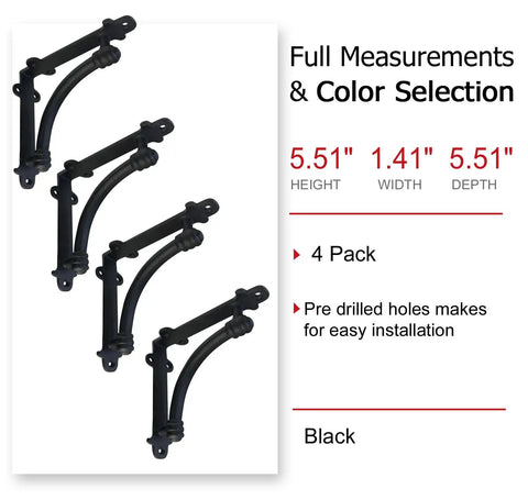 Heavy Duty Black Cast Iron Shelf Brackets Set Of Four, 5.5 X 1.2 X 5.5 Inches, Half Round Style, with full measurements shown
