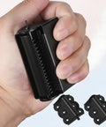 Hand holding 2 Pcs Stainless Steel Self Closing Screen Door Hinges 2.4 X 3 Inch Spring Loaded And Adjustable Tension, rust resistant black