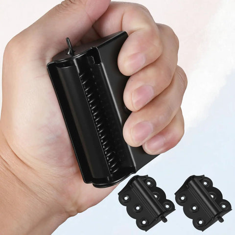 Hand holding 2 Pcs Stainless Steel Self Closing Screen Door Hinges 2.4 X 3 Inch Spring Loaded And Adjustable Tension, rust resistant black