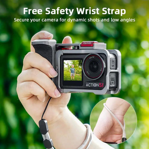 Hand holding Grip Kit For DJI Action 5 Pro 4 3 With Cage, Handle Holder Bundle, and safety wrist strap on Osmo Action camera.