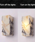 Marble Wall Sconce with Frosted Glass Globe and G4 LED (Rectangular) illuminated and unlit showcasing natural marble design.