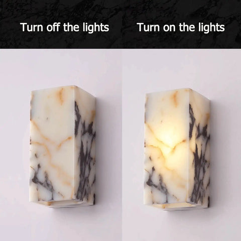Marble Wall Sconce with Frosted Glass Globe and G4 LED (Rectangular) illuminated and unlit showcasing natural marble design.