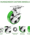 Industrial Swivel Casters With Brake 6 Inch Heavy Duty Caster Set Of 4 With Maintenance Free Aluminum Core PU Wheels Each Caster Supports 1250 Lbs Or 5000 Lbs For The Set Durable Industrial Equipment Casters For Heavy Loads front view
