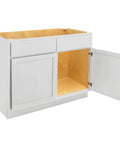 Slick Pure White Shaker Bathroom Vanity Cabinet Featuring Buttery Smooth Soft Close Doors, Total No Hassle Ready To Assemble 42 Inch Wide with open doors.