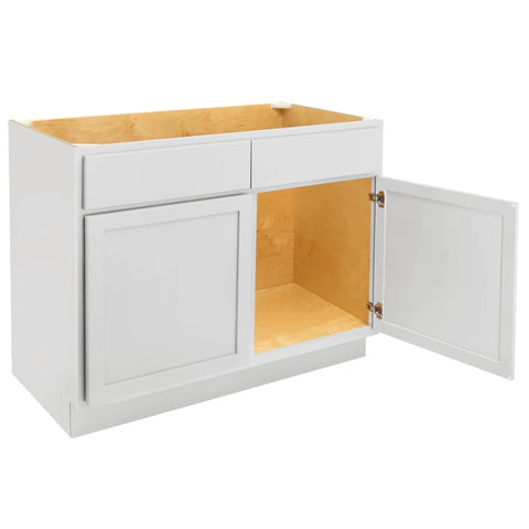 Slick Pure White Shaker Bathroom Vanity Cabinet Featuring Buttery Smooth Soft Close Doors, Total No Hassle Ready To Assemble 42 Inch Wide with open doors.