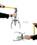 Heavy Duty 30 Ton Hydraulic Bearing Puller Featuring Reversible Two Or Three Jaw Heads For Quick Gear Extraction in use with yellow handle.