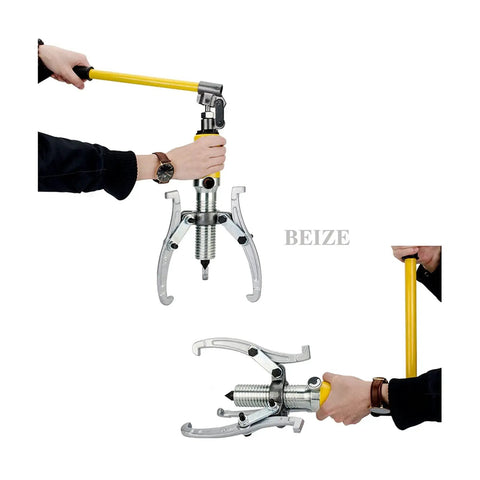 Heavy Duty 30 Ton Hydraulic Bearing Puller Featuring Reversible Two Or Three Jaw Heads For Quick Gear Extraction in use with yellow handle.