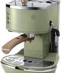 Retro Semi Automatic Coffee Machine With Built In Grinder And 15 Bar Pressure For Buttery Smooth Lattes And Cappuccinos, front view.