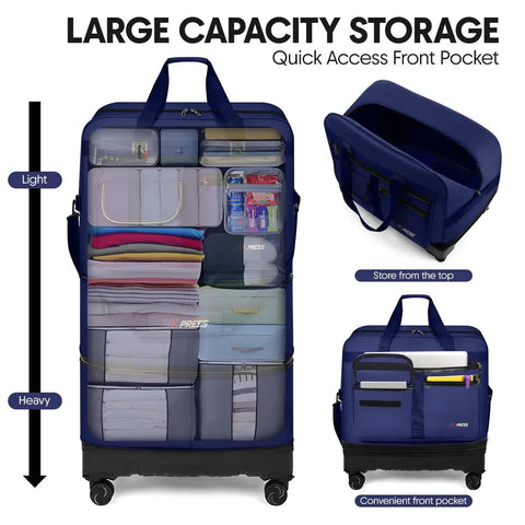 36 Inch Rolling Duffel Bag With Wheels, Expandable Three Layer Design, Large Capacity, Water Resistant Navy Bag with Hardshell Base