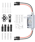 Solar Panel Disconnect Switch Gear Kit 400V 60A IP65 Breaker Box With 2P DC Miniature Circuit Breaker, tools, and connectors.