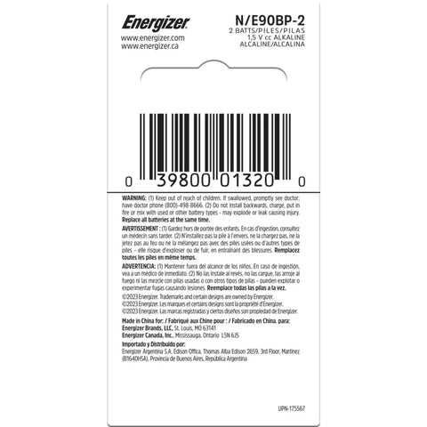 Tough As N Batteries 2 Pack Packing Top Shelf 1.5V Alkaline battery packaging with warning and barcodes for safe use.