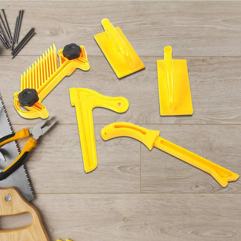 Five Piece Safety Push Block Set for DIY woodworking tables and saws, including push blocks, safe V stick, and push stick on wood surface.