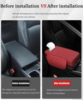 Before and after installation of Premium Waterproof PU Leather Center Console Armrest Booster Cushion Pad Fit For Tesla Cybertruck 2025.