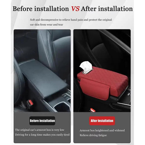 Before and after installation of Premium Waterproof PU Leather Center Console Armrest Booster Cushion Pad Fit For Tesla Cybertruck 2025.