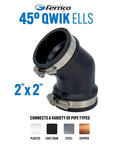 Qwik Ell 2 Inch Hub 45 Degree Flexible PVC DWV Elbow Fitting Connector for Drain Waste Vent Repair and Renovation, Heavy Duty, DIY Friendly Install, Reusable Plumbing Solution for Tight Spaces 2x2 black elbow
