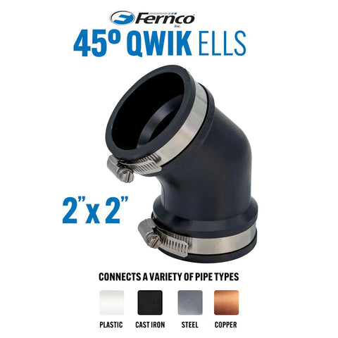Qwik Ell 2 Inch Hub 45 Degree Flexible PVC DWV Elbow Fitting Connector for Drain Waste Vent Repair and Renovation, Heavy Duty, DIY Friendly Install, Reusable Plumbing Solution for Tight Spaces 2x2 black elbow
