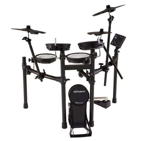 TD-07KV Electronic V-Drums Kit with Dual-Ply Mesh Heads, compact home studio setup with Bluetooth audio and MIDI connectivity.