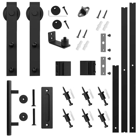 8 Foot Sliding Barn Door Hardware Kit with Track and Pull Handle Set and Floor Guide, Black Powder Coated, for 42 to 48 Inch Doors