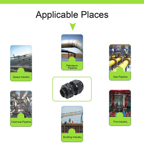 Applicable places for 5 Pack PG16A-04-10 Waterproof Cable Glands including space, petroleum, gas, chemical, fire, and building industries.