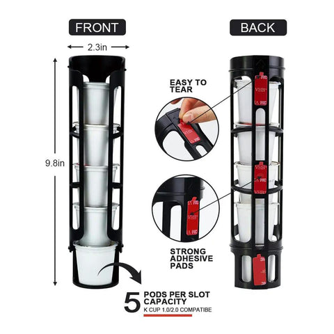 Front and back view of Side Mount K Cup Coffee Pod Holder For Keurig Two Pack Black Slim Organizer That Fits Ten Pods