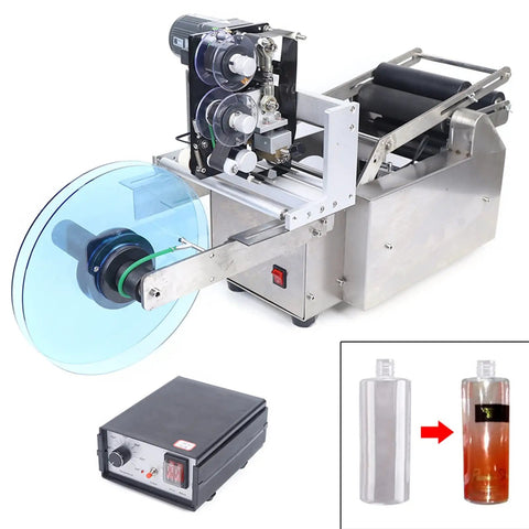 Resfirme 100W Semi-Automatic Round Labeling Machine For Jars And Bottles With High Speed 20-40 Pcs Per Min, stainless steel construction.