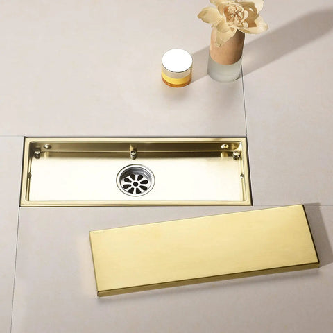12 Inch Brushed Gold Shower Drain With Tile Insert Grille Detachable Hidden Cover SUS304 Stainless Steel Rectangular Floor Drain High Flow Hubless Easy Clean No Fuss
