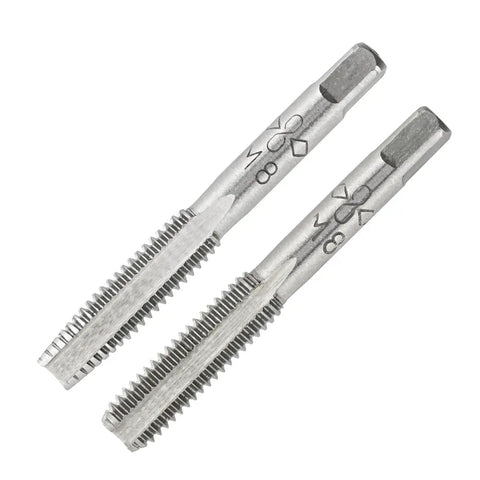 M8 1.25 Metric Tap And Die Set for metalworking, showing two steel taps with threading details for right hand threading