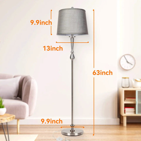 Tall Floor Lamp With Grey Linen Shade And Nickel Finish 3 Color Temperature LED Standing Lamp in living room setting