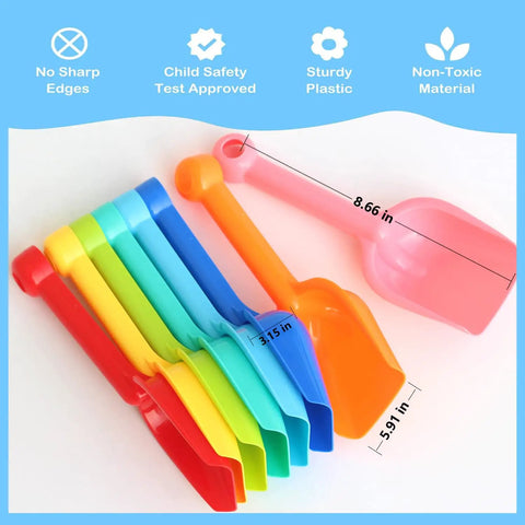 Eight Pack Heavy Duty Plastic Beach Shovels For Kids And Toddlers, Durable Sand Scoops For Beach Play And Sandbox Fun displayed on blue background