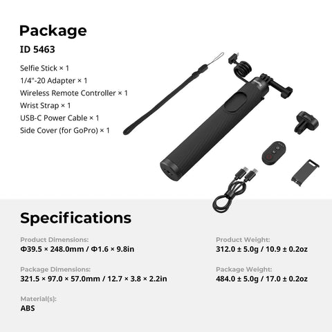 Package contents of Power Grip With Built In 5000mAh Battery For Action Cameras and Phones Wireless Control Selfie Stick, ABS material.