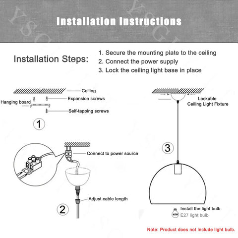 Installation instructions for YSGUYILT Vintage Industrial Pendant Lights E26 Retro Metal Hanging Lights with diagrams.
