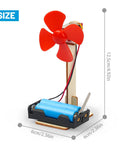 Six STEM Fan Kits For Kids Aged 8 To 12 DIY Wooden Fan Building Toys Electric Circuit Experiments with size dimensions shown