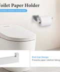 Brushed Stainless Steel 4 Piece Bathroom Hardware Set Wall Mounted With Towel Bar Towel Holder Robe Hook And Toilet Paper Holder Rust Resistant SUS304 Finish shows wall-mounted toilet paper holder next to modern toilet.
