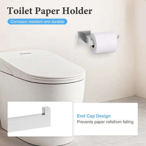 Brushed Stainless Steel 4 Piece Bathroom Hardware Set Wall Mounted With Towel Bar Towel Holder Robe Hook And Toilet Paper Holder Rust Resistant SUS304 Finish shows wall-mounted toilet paper holder next to modern toilet.