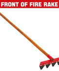 Front view of Built Tough Fire Rake With 55 Inch Wood Handle For Wildland Firefighting And Garden Cleanup, Durable Rake Tool, Red