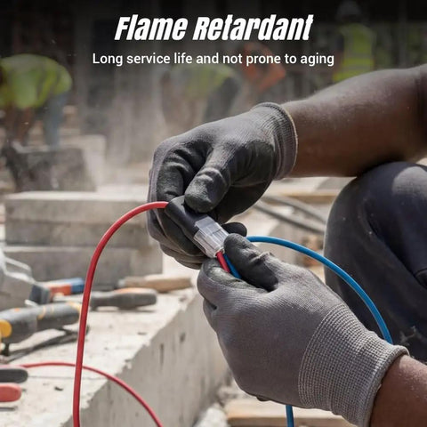 Worker using No Tools Quick Connect Wire Connectors 2 Pin Double Wire Plug In With Locking Buckle Flame Retardant Lock Strip