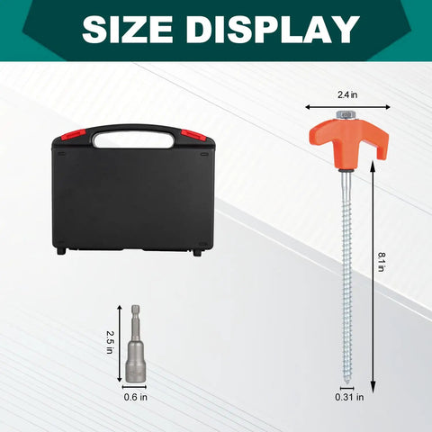 Heavy Duty 20 Pack Screw In Tent Stakes 8 Inch Ground Anchors With Hex Head Driver Carbon Steel, size display with storage box