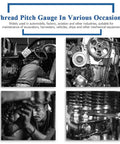 Collage showing the 51 Piece Thread Pitch Gauge Set For SAE Threads Stainless Steel Screw Pitch Gauge in various mechanical uses